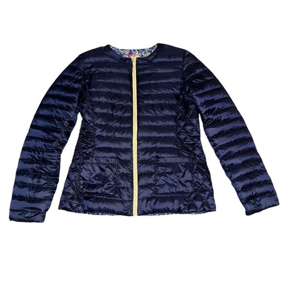 EUC Lilly Pulitzer Reversible Puffer Coat Jacket Gold Not Too Catty Navy Small - Picture 6 of 10